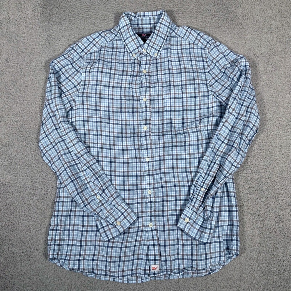 Vineyard Vines Shirt Mens Medium Blue Plaid Classic‎ Fit 100% Linen Button Down